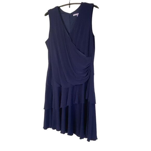 Luxe by Carmen Marc Volvo Drape Front Sleeveless Tiered Navy Midi Dress Sz 22 - Picture 5 of 9